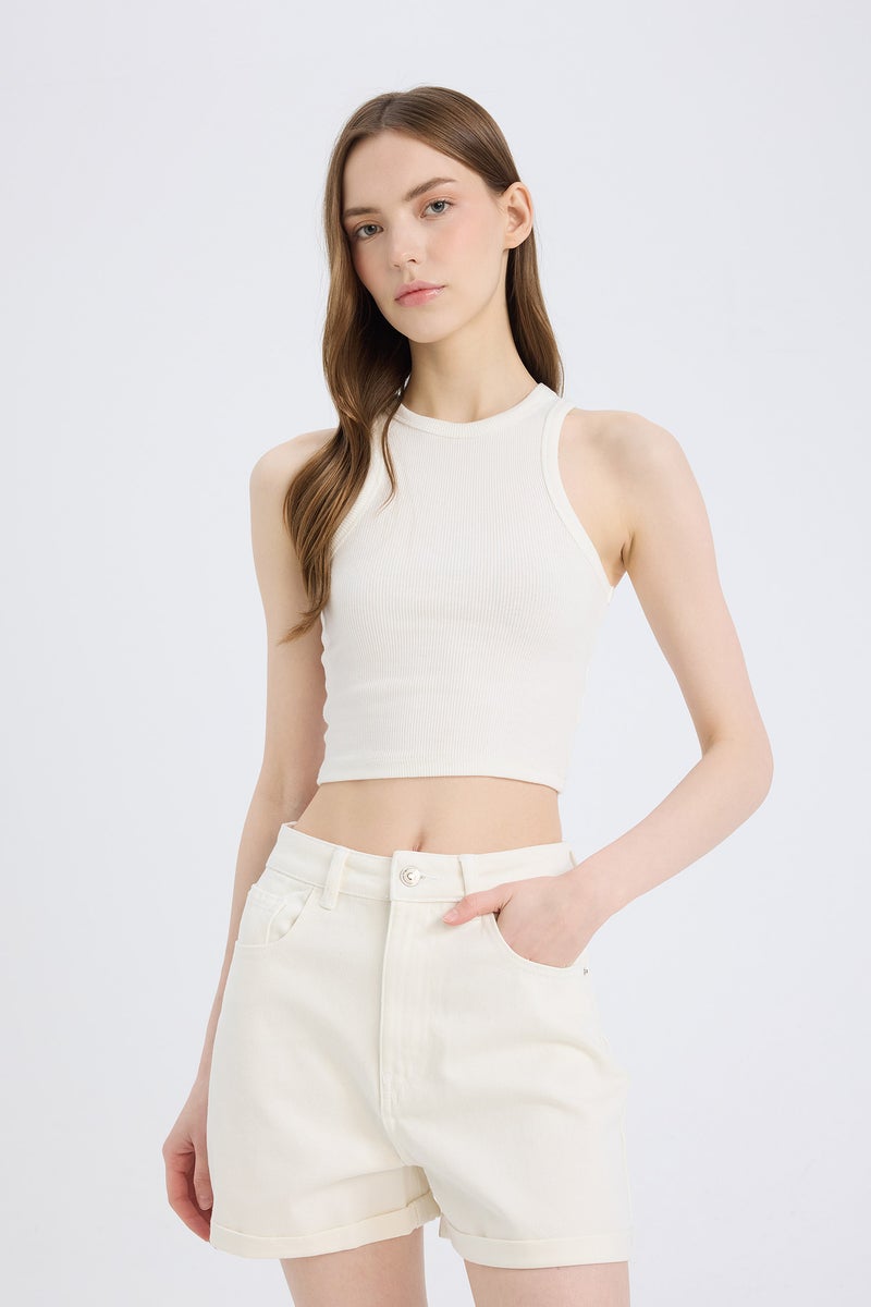 DeFacto White Woman Mom Fit Denim High Waist Folded Leg Shorts Casual - Image 3